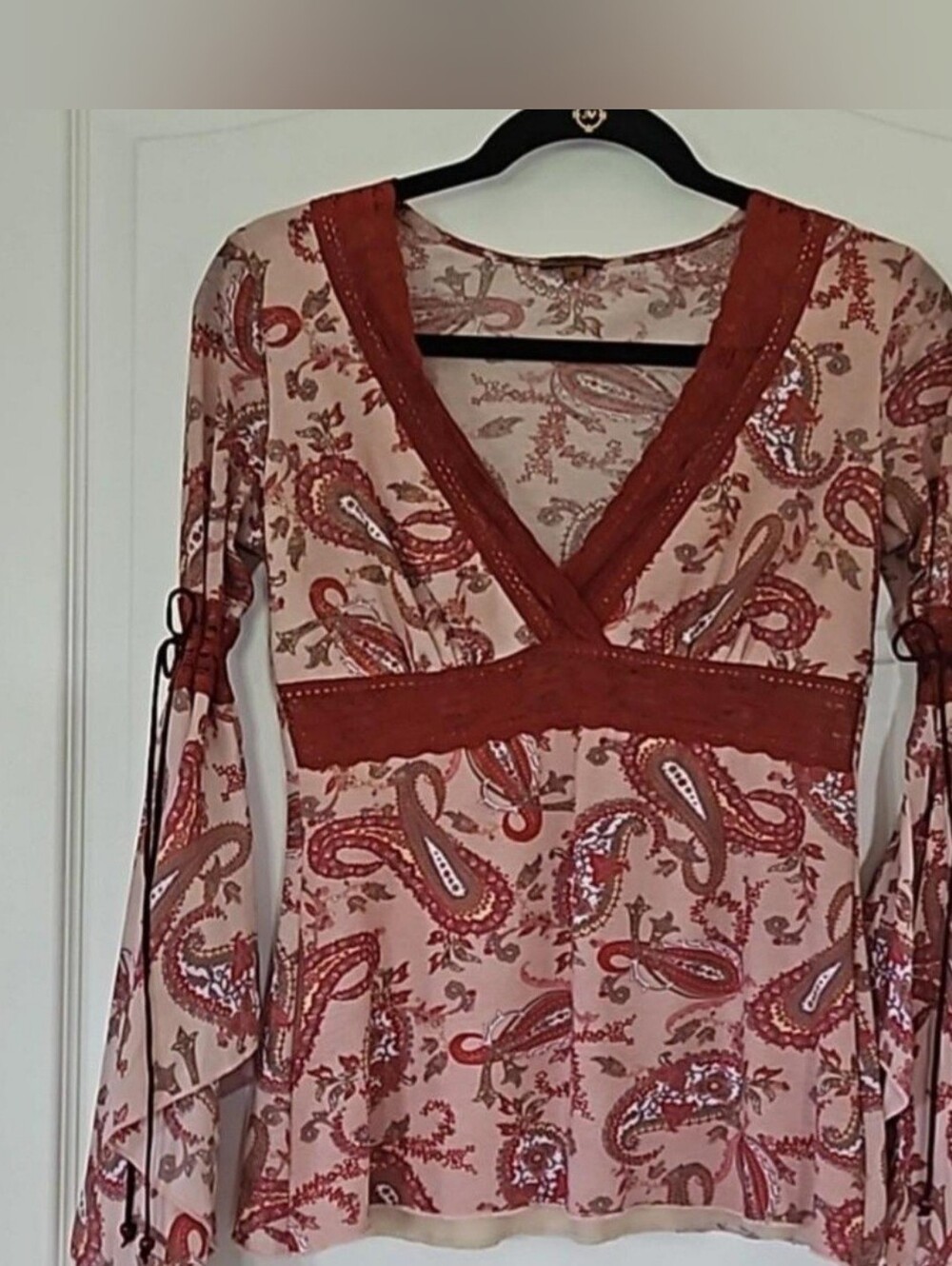 VINTAGE Y2K Arden B Fit & Flare Longsleeve Top Paisley Pink Red Womens S Boho